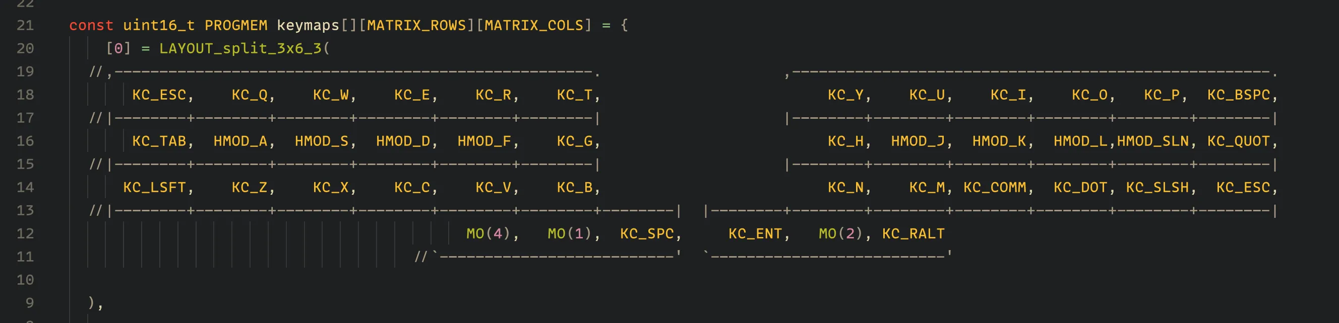 Screenshot of keymap.c file showing a code sample of my first layer layout