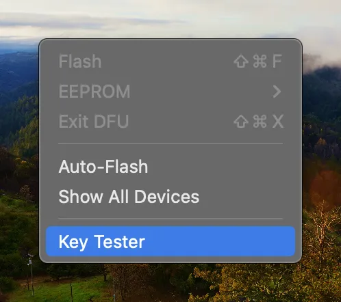 Screenshot of QMK Toolbox "Tools" menu with "Key Tester" highlighted
